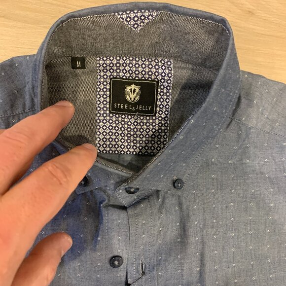 Men's Steel and Jelly Navy w/dotted print button down shirt flip cuff NWT Medium - Picture 5 of 9